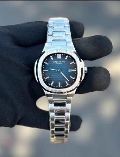 Relógio Masculino Luxo Quartzo Mostrador Preto Azul Pulseira Aço Inoxidável Elegante Casual