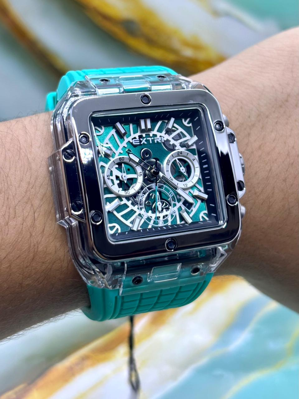 Relógio Extri 100% Funcional Pulseira Silicone Verde Água (Luxo e Destaque) PROVA D’ÁGUA + FRETE GRÁTIS