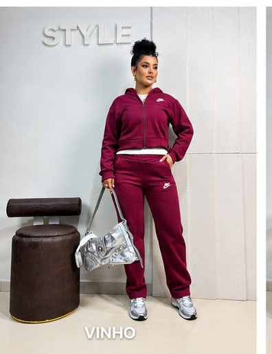 Conjunto Feminino Moletom Flanelado com Zíper e Capuz – Casual Premium