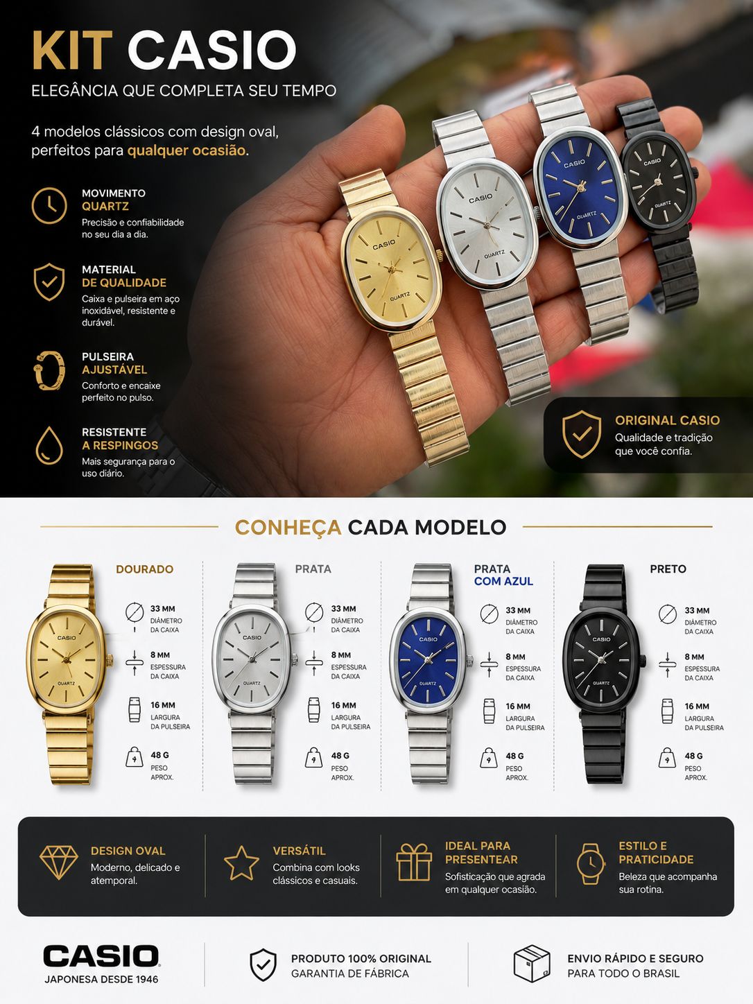 Relógio Feminino Casio Analógico Oval Prata com Pulseira de Aço