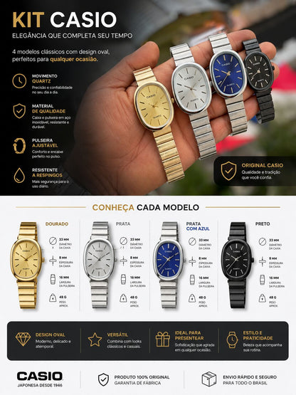 Relógio Feminino Casio Analógico Oval Prata com Pulseira de Aço