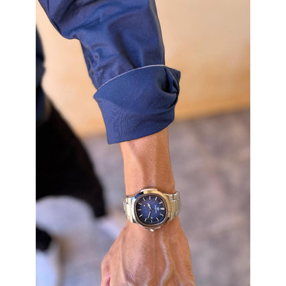 Relógio Masculino Luxo Quartzo Mostrador Preto Azul Pulseira Aço Inoxidável Elegante Casual