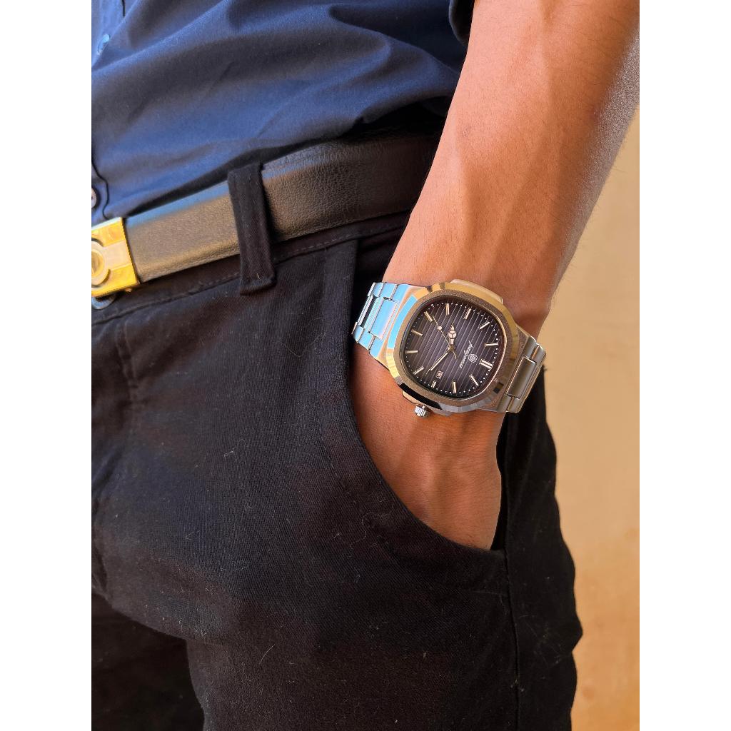 Relógio Masculino Luxo Quartzo Mostrador Preto Azul Pulseira Aço Inoxidável Elegante Casual