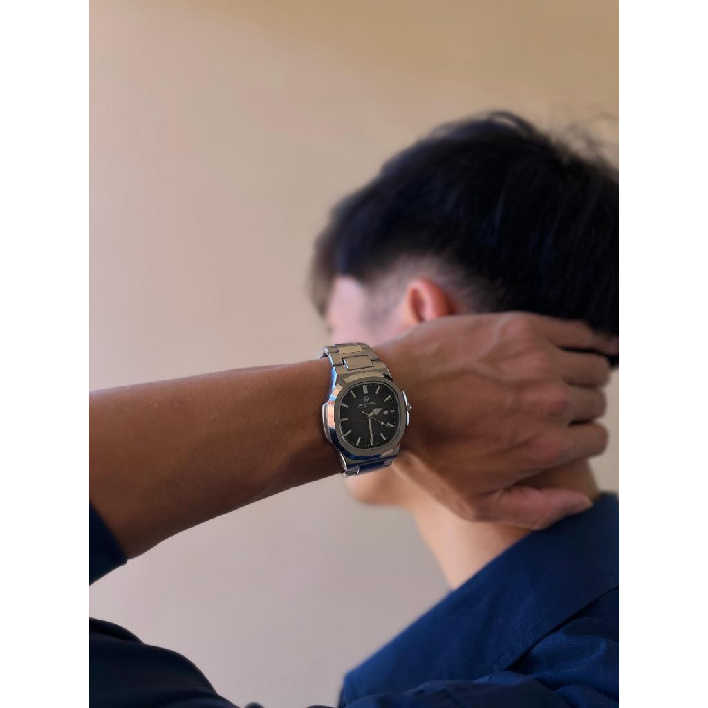 Relógio Masculino Luxo Quartzo Mostrador Preto Azul Pulseira Aço Inoxidável Elegante Casual